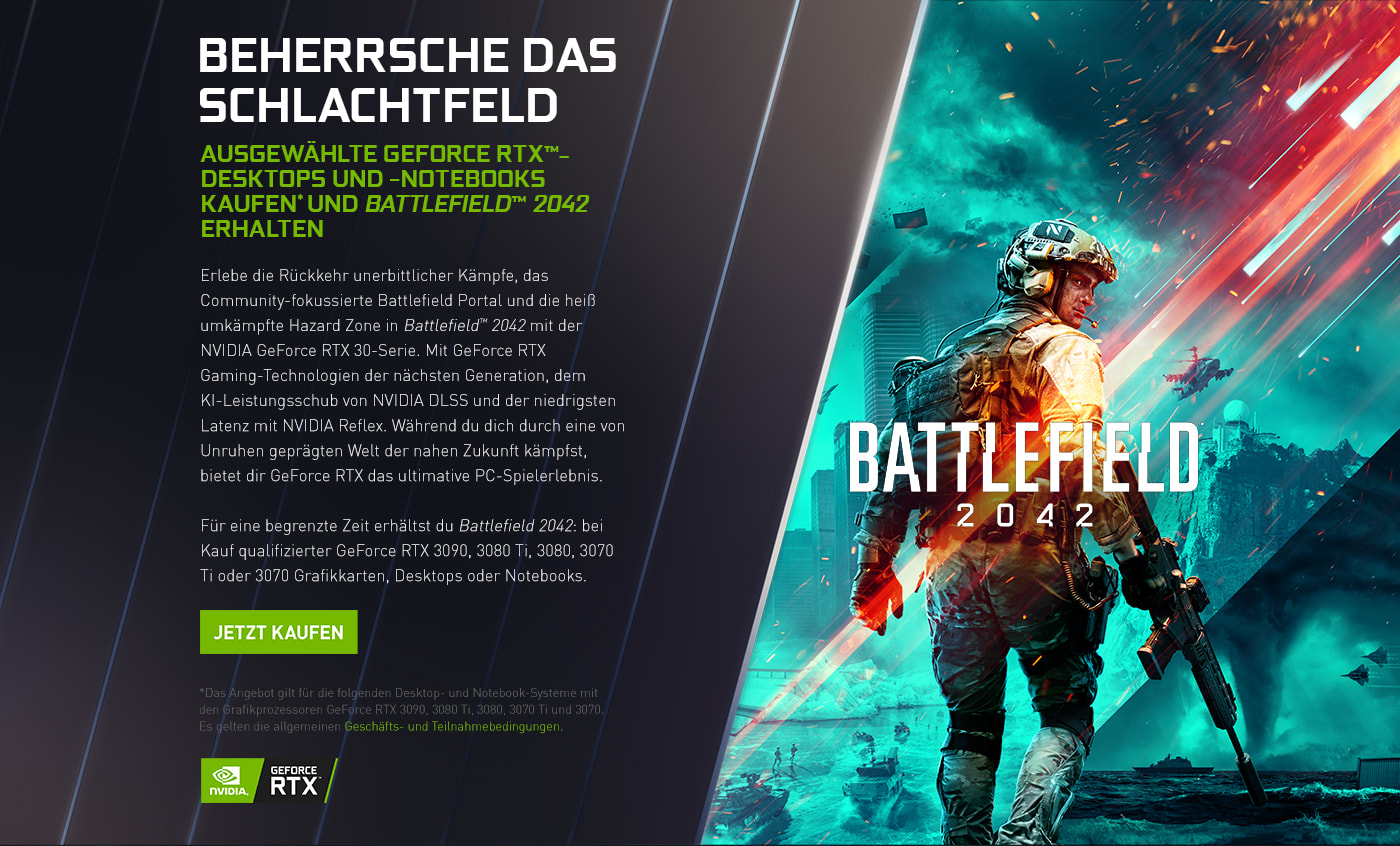 Erhalte Battlefield 2042 beim Kauf ausgewählter Geforce RTX Desktops- und -Notebooks